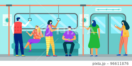 Subway train with man woman character while coronavirus, virus, vector illustration. People passenger in face mask transportation. 96611876