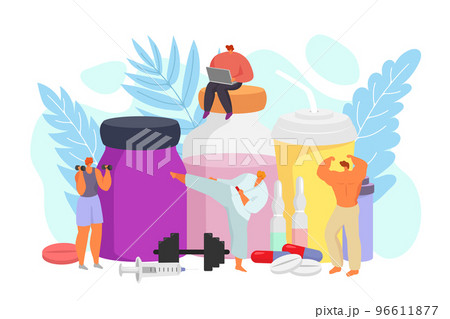 Sport nutrition with medicine, diet lifestyle concept, vector illustration. Fitness exercise and medical additives for body health, healthy food. 96611877