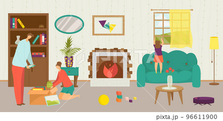 Moving to new home concept, vector illustration. People family pack things in box, man woman make relocation to another cartoon house, apartment 96611900