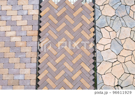 Pavement tiles at construction market. Warehouse paving slabs for laying road construction. Construction of sidewalks. Pavement tiles at construction market. Warehouse paving slabs for laying road construction. Construction of sidewalks. 96611929