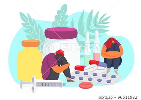 Person with stress problem, flat drug addiction concept, vector illustration. Sad man woman character in depression, addict people despair Person with stress problem, flat drug addiction concept, vector illustration. Sad man woman character in depression, addict people despair 96611932