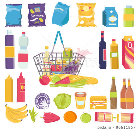 Food product in grocery basket, shop collection isolated on white, vector illustration. Flat supermarket store with purchase object set. Food product in grocery basket, shop collection isolated on white, vector illustration. Flat supermarket store with purchase object set. 96611957