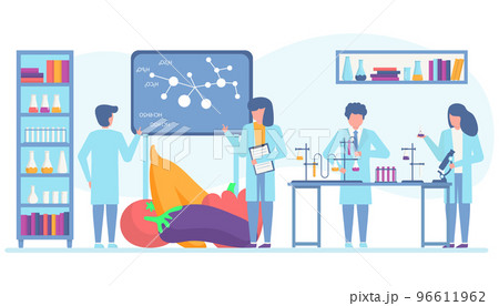 Food vegetable research, gmo experiment in laboratory, vector illustration. Biotechnology in lab, genetic modification control by man woman 96611962