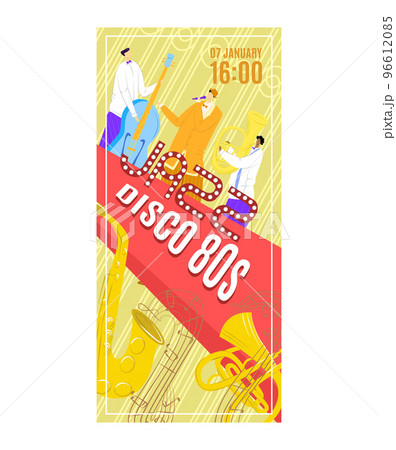 Retro style party jazz, 07 january daytime music performance, artist woman and man play trumpet flat vector illustration, isolated on white. 96612085
