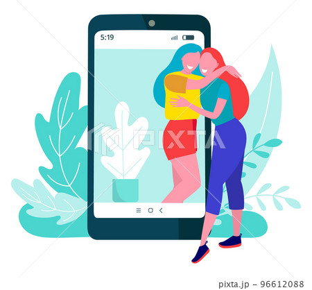 Girlfriend talk online mobile phone, friend dialogue together, internet smartphone communication flat vector illustration, isolated on white. 96612088