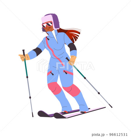 Woman Character Skiing at Mountain Ski Resort in Winter Season Vector Illustration 96612531