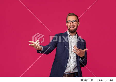 Studio shot of attractive brunette business man with glasses, in casual shirt, stylish black jacket, smiling. Studio shot of attractive brunette business man with glasses, in casual shirt, stylish black jacket, smiling. 96613138