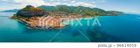 Aerial scenic view of the Cefalu, medieval village of Sicily island, Province of Palermo, Italy Aerial scenic view of the Cefalu, medieval village of Sicily island, Province of Palermo, Italy 96614059