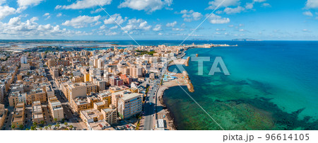 Aerial panoramic view of Trapani harbor, Sicily, Italy. Beautiful holiday town in Italy. 96614105