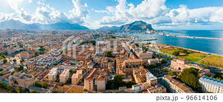 Aerial panoramic view of Palermo town in Sicily. Italy near the Mondello white sand beach in and beautiful lagoon. 96614106