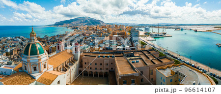 Aerial panoramic view of Trapani harbor, Sicily, Italy. Beautiful holiday town in Italy. Aerial panoramic view of Trapani harbor, Sicily, Italy. Beautiful holiday town in Italy. 96614107