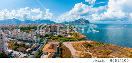 Aerial panoramic view of Palermo town in Sicily. Italy near the Mondello white sand beach in and beautiful lagoon. Aerial panoramic view of Palermo town in Sicily. Italy near the Mondello white sand beach in and beautiful lagoon. 96614109