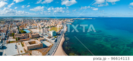Aerial panoramic view of Trapani harbor, Sicily, Italy. Beautiful holiday town in Italy. Aerial panoramic view of Trapani harbor, Sicily, Italy. Beautiful holiday town in Italy. 96614113