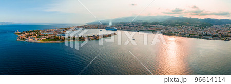 Messina, Sicily, Italy, August 20, 2022. View of the Messina's port with the gold Madonna della Lettera statue 96614114