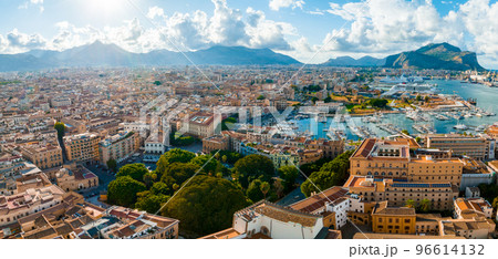 Aerial panoramic view of Palermo town in Sicily. Italy near the Mondello white sand beach in and beautiful lagoon. 96614132