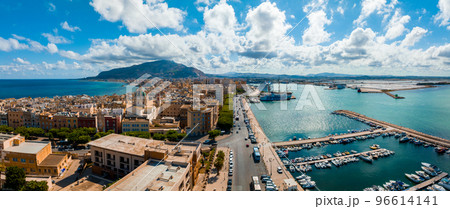 Aerial panoramic view of Trapani harbor, Sicily, Italy. Beautiful holiday town in Italy. 96614141