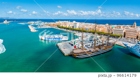 Aerial panoramic view of Trapani harbor, Sicily, Italy. Beautiful holiday town in Italy. Aerial panoramic view of Trapani harbor, Sicily, Italy. Beautiful holiday town in Italy. 96614179