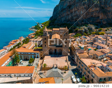 Aerial scenic view of the Cefalu, medieval village of Sicily island, Province of Palermo, Italy Aerial scenic view of the Cefalu, medieval village of Sicily island, Province of Palermo, Italy 96614210