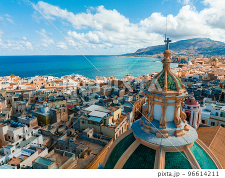 Aerial panoramic view of Trapani harbor, Sicily, Italy. Beautiful holiday town in Italy. Aerial panoramic view of Trapani harbor, Sicily, Italy. Beautiful holiday town in Italy. 96614211