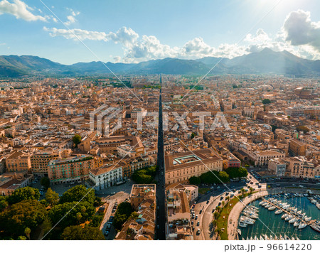 Aerial panoramic view of Palermo town in Sicily. Italy near the Mondello white sand beach in and beautiful lagoon. Aerial panoramic view of Palermo town in Sicily. Italy near the Mondello white sand beach in and beautiful lagoon. 96614220