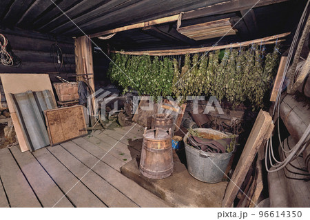 Dried herbs and branches on wooden background of ancient bathhouse Dried herbs and branches on wooden background of ancient bathhouse 96614350