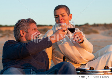 Senior couple celebrating anniversary at seashore 96614809