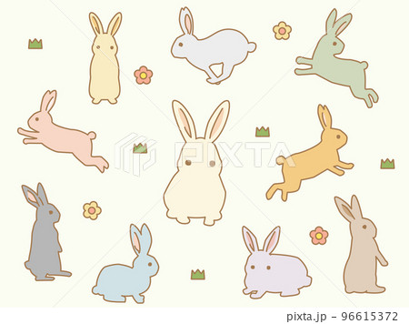カラフルなうさぎのイラストのセット　線付きバージョン 96615372