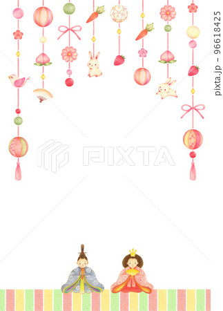 ひな人形と吊るし雛のひな祭りの背景 縦 手描き色鉛筆画 ひな人形と吊るし雛のひな祭りの背景 縦 手描き色鉛筆画 96618425