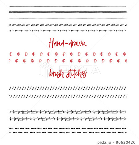Set of hand-drawn sewing needle seam brushes in vintage art style isolated on white background Imitation of a manual stitch on leather belt 96620420