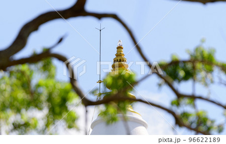 Kiriwehera stupa top part with Chatra and crest gem view through tree branches. Kiriwehera stupa top part with Chatra and crest gem view through tree branches. 96622189