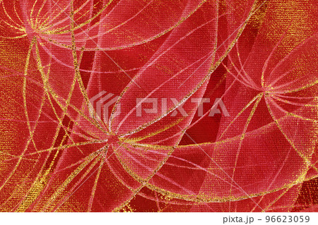 Oil painting textured abstract dandelions flowers with golden streaks on bright red background on canvas 96623059