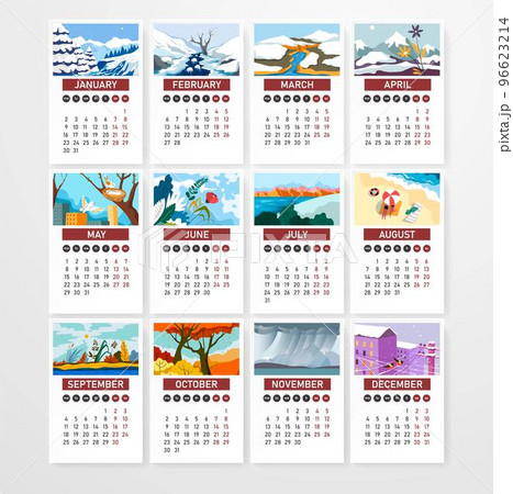 Calendar with dates and days, landscapes vector 96623214