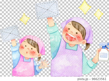 【大掃除】窓ふきをする子供たちの水彩イラスト 96623561