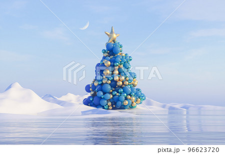 Abstract Winter Christmas tree with geomtric sphere. 3d winter landscape background. Abstract Winter Christmas tree with geomtric sphere. 3d winter landscape background. 96623720