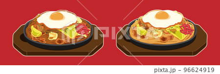 目玉焼きを乗せた焼きそばと焼きうどんのセット・鉄板（白フチあり） 96624919