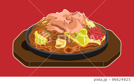 かつお節を乗せた焼きそば・鉄板（白フチあり） 96624925