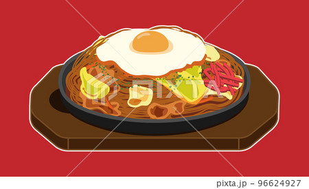 目玉焼きを乗せた焼きそば・鉄板（白フチあり） 96624927