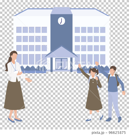 開朗上學的男女小學生和迎接他們的老師 96625875