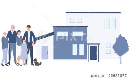 2世帯住宅と仲むつまじい家族とペットの犬 96625877