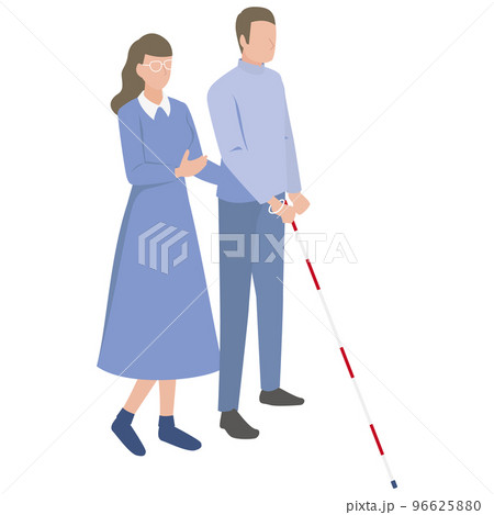 白杖を持った視覚障がい者の男性と介助する女性 96625880