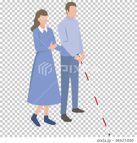 白杖を持った視覚障がい者の男性と介助する女性 96625880