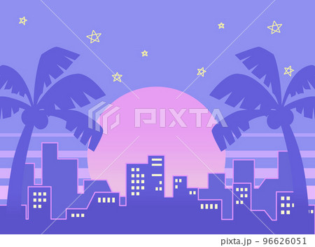 80年代ニューレトロシティポップ風ヤシの木とビルのネオン夜の街並み1