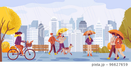 People in fall season. Couple walking with pet under umbrella, young woman riding bicycle, Female and male characters 96627659