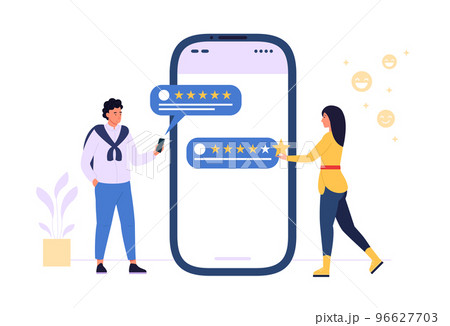 Customer rating. Woman and man giving positive feedback for service. Characters showing satisfaction Customer rating. Woman and man giving positive feedback for service. Characters showing satisfaction 96627703