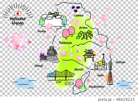 Simple line drawing illustration map of tourist spots in Hyogo Prefecture in spring (green) 96629225