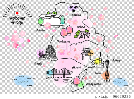 春の兵庫県の観光地のシンプル線画イラストマップ（ピンク） 96629226