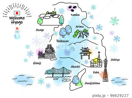 冬の兵庫県の観光地のシンプル線画イラストマップ 96629227