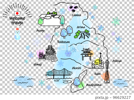 冬の兵庫県の観光地のシンプル線画イラストマップ 96629227