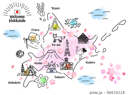 春の北海道の観光地のシンプル線画イラストマップ（ピンク） 96629228