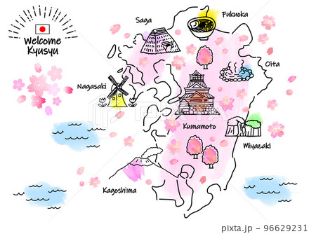 春の九州の観光地のシンプル線画イラストマップ（ピンク） 96629231